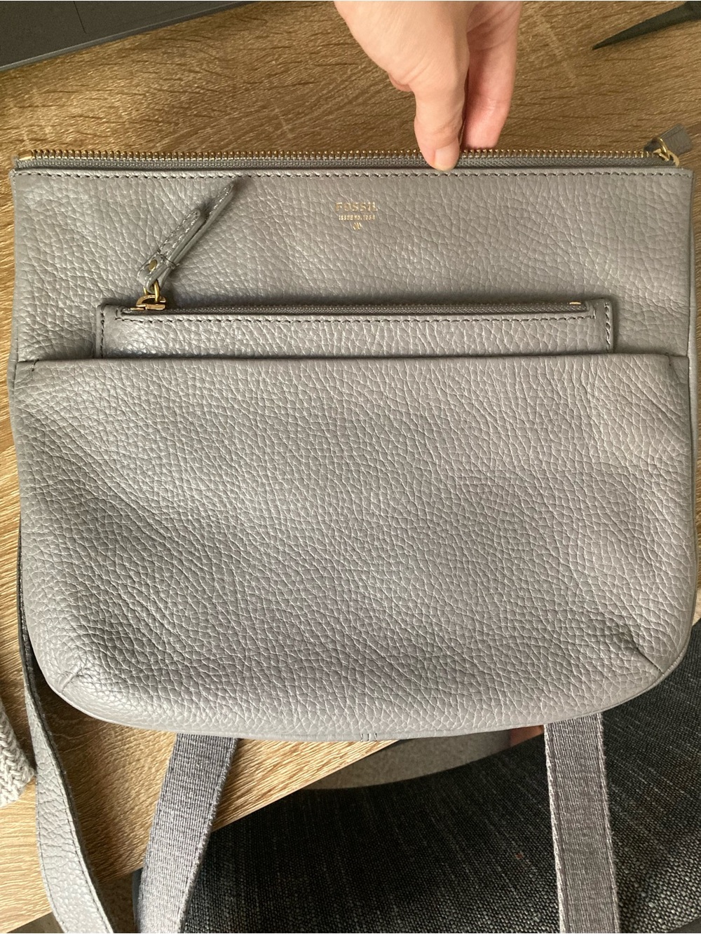 Fossil Gray Pebbled Leather Crossbody Bag with Gold Hardware